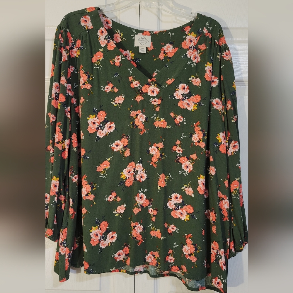 St. John's Bay Floral V-Neck Blouse - Green and Pink